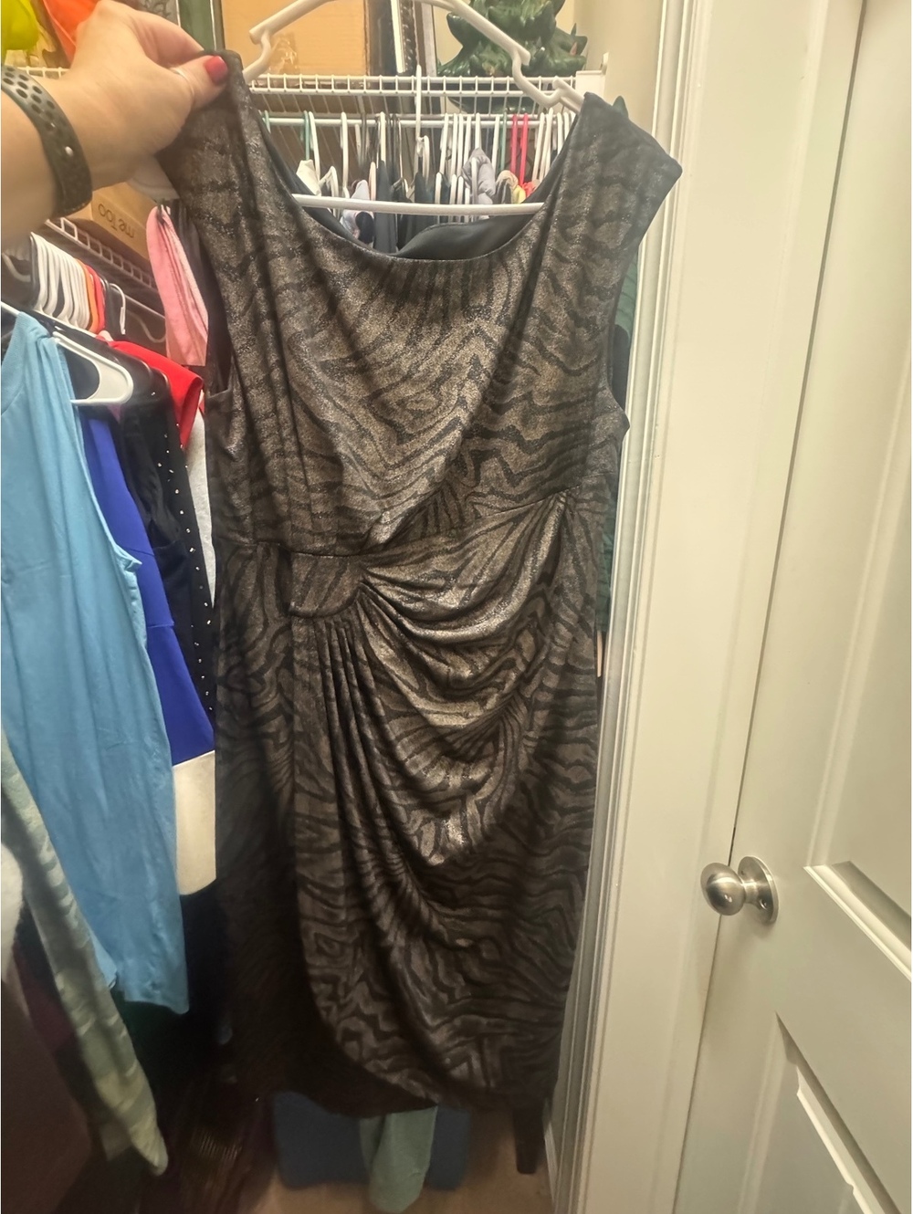 Connected Apparel 14P Petite Black Bronze Abstract Ruched Dress